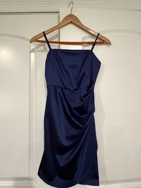 Emerald Sundae Tulip Hem Satin Sheath Dress, Navy Blue, Size Small